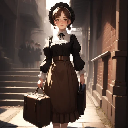 ultra highres, extremely detailed, cinematic lighting, 1girl, bag, belt, black dress, brown hair, dress, earrings, hair bun, handbag, hat, holding, holding bag, jewelry, long sleeves, looking at viewer, maid headdress, multiple girls, pouch, short hair, smile, stairs, standing, suitcase