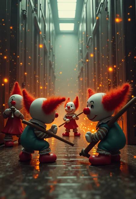 photograph of a bumbling group of little people clowns holding hammer that are falling over each other trying to fix a burning and exploding server room