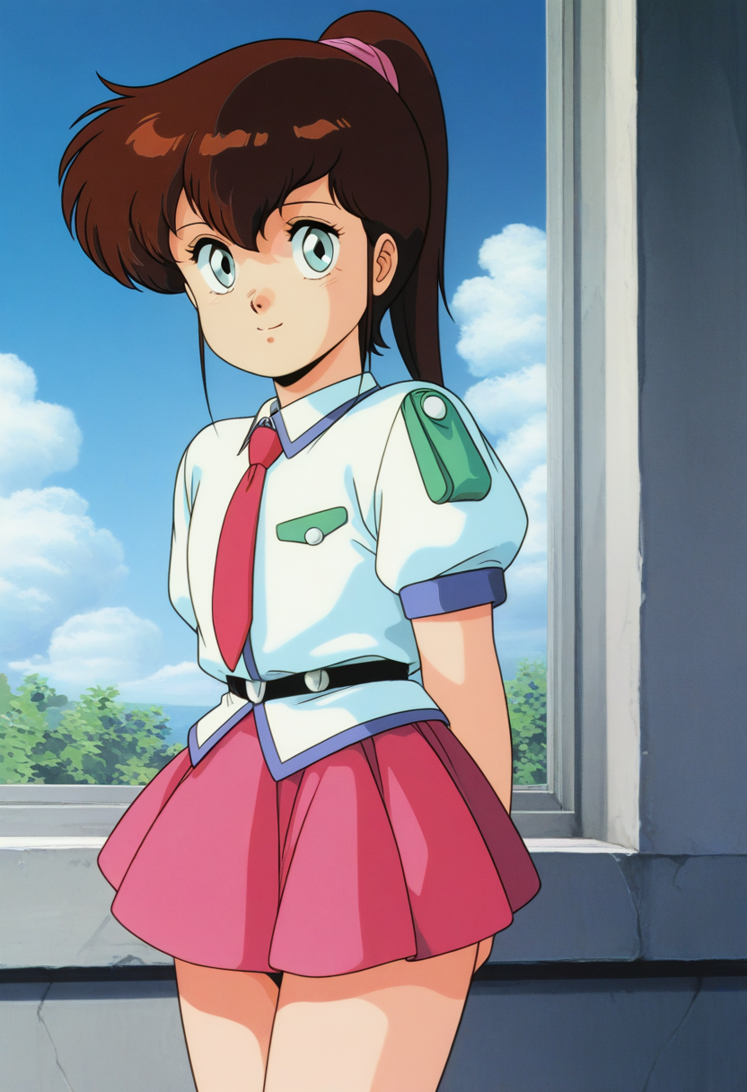 masterpiece, best quality, source_anime,official art,perfect_anatomy,1980s_\(style\),retro_artstyle,1girl,solo,Molly,blue_eyes,brown_hair,long_hair,ponytail,white_shirt,necktie,skirt,school_uniform,looking_at_viewer,smile,thighs,arms_behind_back,close_to_viewer,day,blue_sky,cloud
