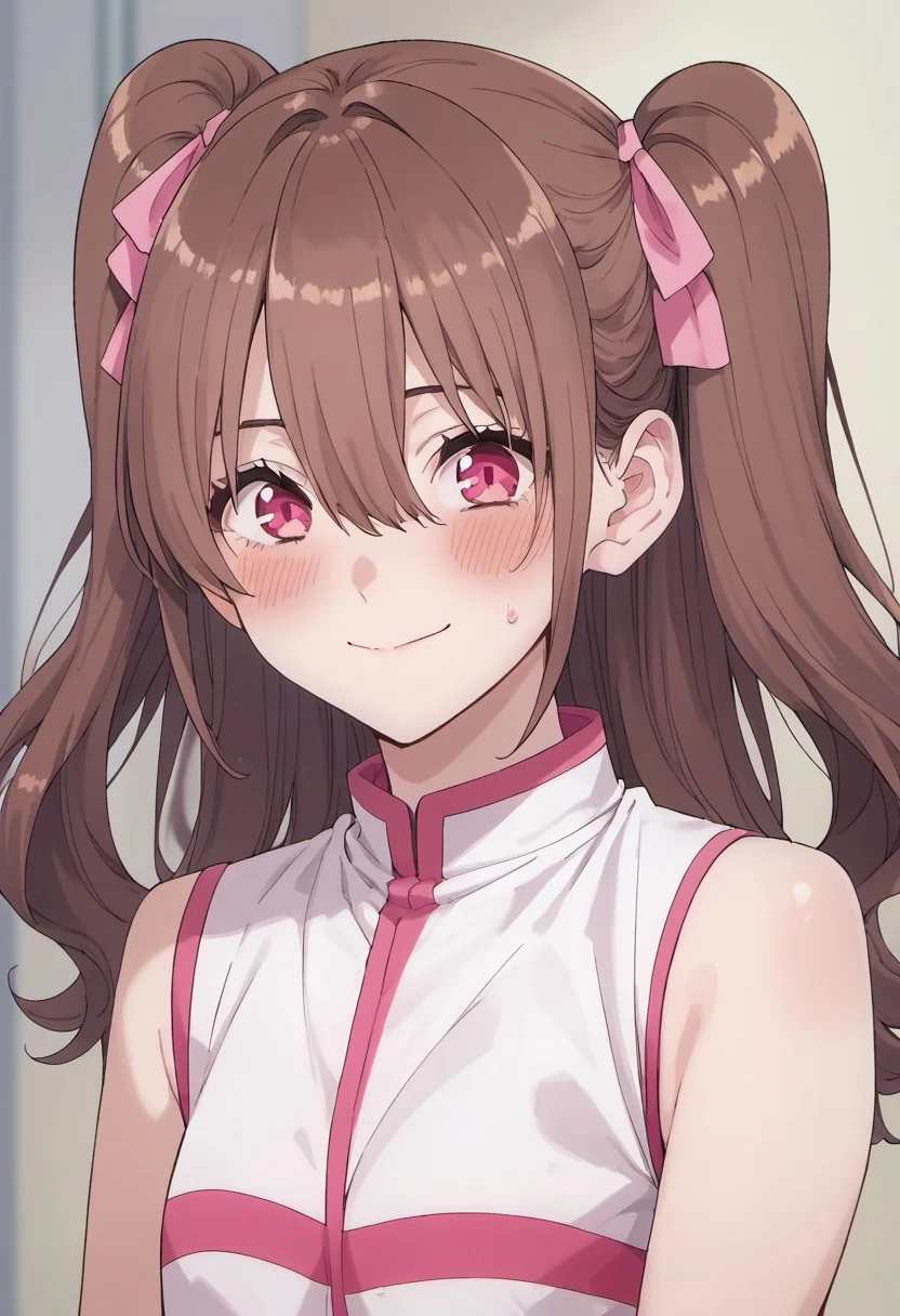 score_9, score_8_up, score_7_up, source_anime, tachibana mikari, long hair, brown hair, pink eyes, 1girl, solo, blush, twintails, two side up, smile, closed mouth, shirt, ribbon, hair between eyes, sleeveless, sweatdrop