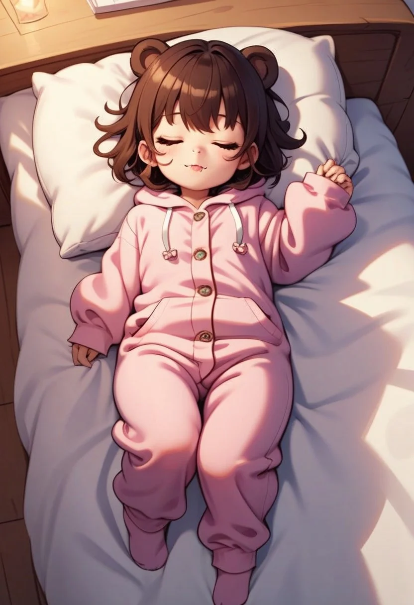 score_9, score_8_up, score_7_up, best quality, fine detail, cute, bear girl, chibi, sleeping, =3, in a comfortable room,