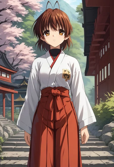 score_9, score_8_up, score_7_up, 1girl, solo, source_anime, masterpiece, depth of field, ultra detailed, beautiful detailed face, best quality, 8k, BREAK, Furukawa Nagisa, brown hair, brown eyes, antenna hair, medium breasts, Japanese temple, Japanese clothes, miko outfit, red hakama, hakama skirt, kimono, long sleeves