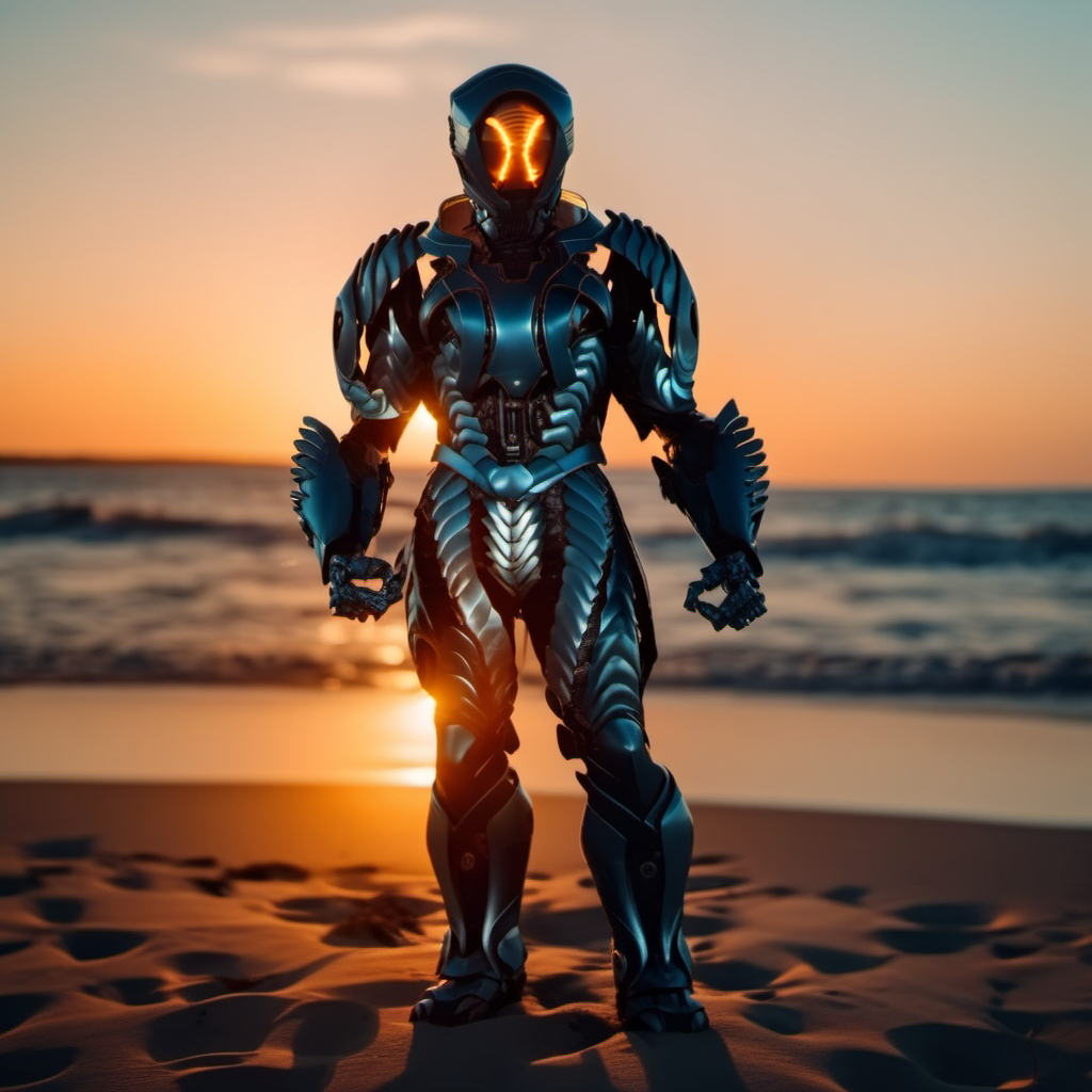 cinematic photo a full body portrait of robot, armor, helmet, fighting stance on the beach, sunset <lora:LIS-V3:0.8> . 35mm photograph, film, bokeh, professional, 4k, highly detailed