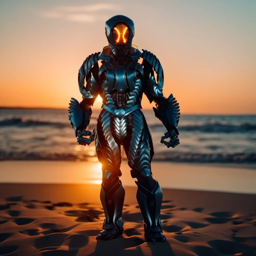 cinematic photo a full body portrait of robot, armor, helmet, fighting stance on the beach, sunset <lora:LIS-V3:0.8> . 35mm photograph, film, bokeh, professional, 4k, highly detailed