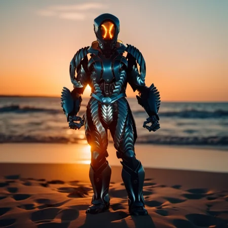 cinematic photo a full body portrait of robot, armor, helmet, fighting stance on the beach, sunset <lora:LIS-V3:0.8> . 35mm photograph, film, bokeh, professional, 4k, highly detailed