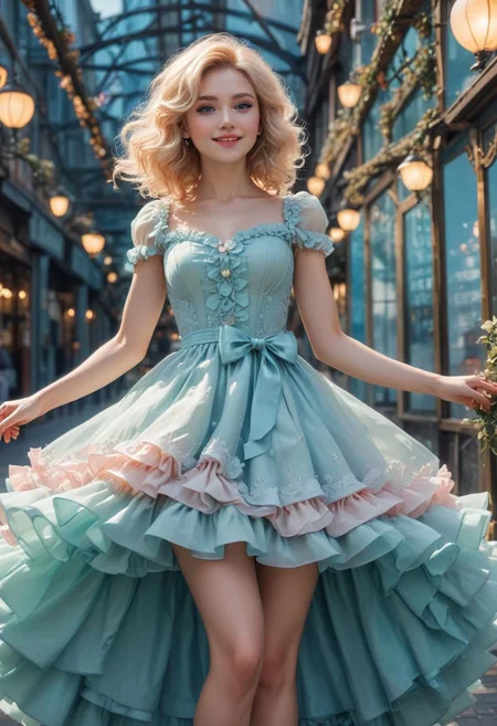 Romantic Rosette dress, full height, low angle shot, (Surreal), (illustration), (Resolution enhancement), (8k), (Very detailed), (Best illustration), (Beautiful and delicate eyes), (best quality), (Super detailed), (masterpiece ), ( wallpaper), (Detailed face),one blonde, curls,(High top fade in and out:1.3), (Smile brightly, bright look), dark theme, soothing tone, pastel colors, high contrast, (natural skin texture, Surreal N;NI, soft light, Impatient),exposure blending, medium shot, Bokeh, (human development report:1.4), high contrast, (Movie, teal and orange:0.85), (pastel colors, fade, soothing tone:1.3), high saturation, (Super detailed:1.2)