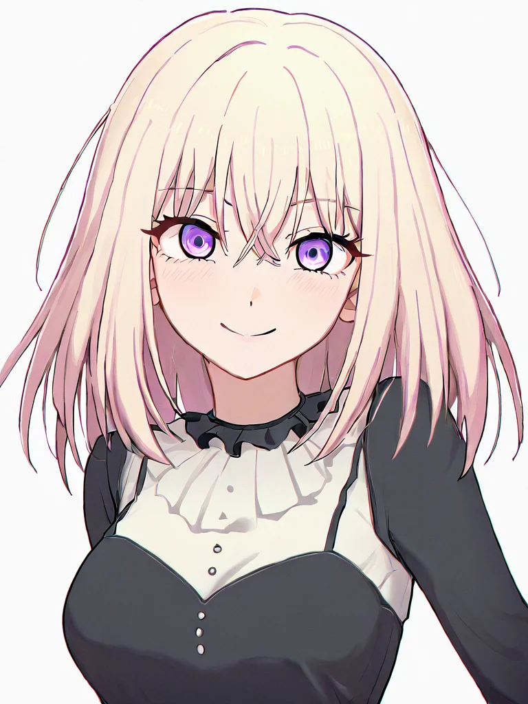 misumi uika,
amazing quality, 1girlï¼soloï¼, sidelocks, white background, breast, smile, dress, simple background, long sleeves, black dress, looking at viewer, blonde hair, medium hair, upper body, solo, medium breasts, purple eyes,
masterpiece, best quality, very aesthetic, absurdres
<lora:misumi_uika_ill_sdxl:1>