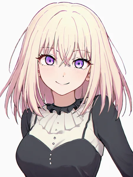 misumi uika,
amazing quality, 1girlï¼soloï¼, sidelocks, white background, breast, smile, dress, simple background, long sleeves, black dress, looking at viewer, blonde hair, medium hair, upper body, solo, medium breasts, purple eyes,
masterpiece, best quality, very aesthetic, absurdres
<lora:misumi_uika_ill_sdxl:1>