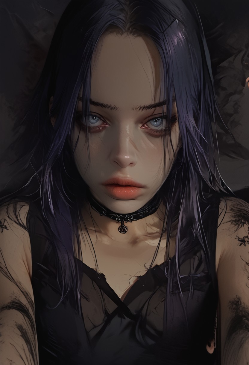 score_9, score_8_up, score_7_up, sinozick style , flat color, dark theme , source_comic, 1girl, solo, long hair, purple hair, choker, tattoos, black gothic dress, fishnet arm sleeves and gloves,  gothic dungeon background, lookig at viewer, 
BREAK
cinematic angle, unique perspective, dramatic lighting
