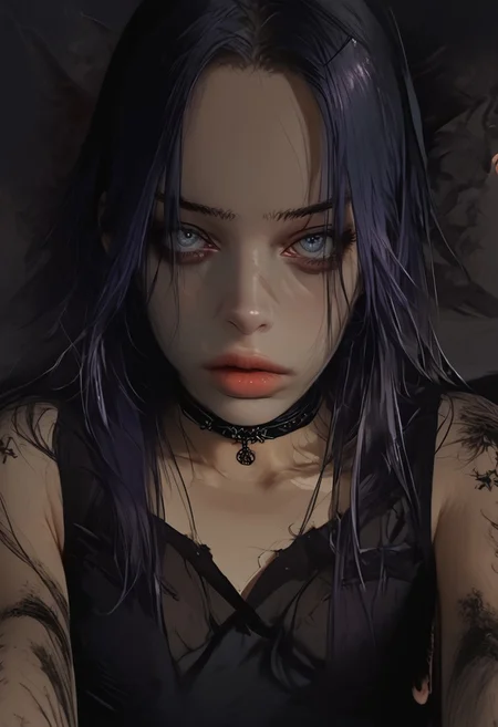 score_9, score_8_up, score_7_up, sinozick style , flat color, dark theme , source_comic, 1girl, solo, long hair, purple hair, choker, tattoos, black gothic dress, fishnet arm sleeves and gloves, gothic dungeon background, lookig at viewer,
BREAK
cinematic angle, unique perspective, dramatic lighting