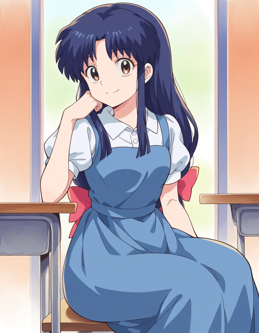 score_9, score_8_up, score_7_up, source_anime, <lora:akane-tendou-leak-ponyxl-lora-nochekaiser:1>, akane tendo, long hair, black hair, brown eyes, blue hair, sidelocks,, school uniform, pinafore dress, short sleeves, collared shirt, puffy sleeves, blue dress,, indoors, smile, looking at viewer, solo, sitting, head rest, table,, cowboy shot, dutch angle