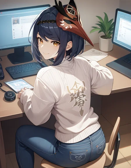 score_9, score_8_up, score_7_up, source_anime
<lora:kujou-sara-genshin-ponyxl-000025:1> ku70u5a4a, japanese clothes, mask on head, sweater, jeans, desk,
1girl, solo, looking back, looking at viewer, smile, screen, online chat, webcam chat