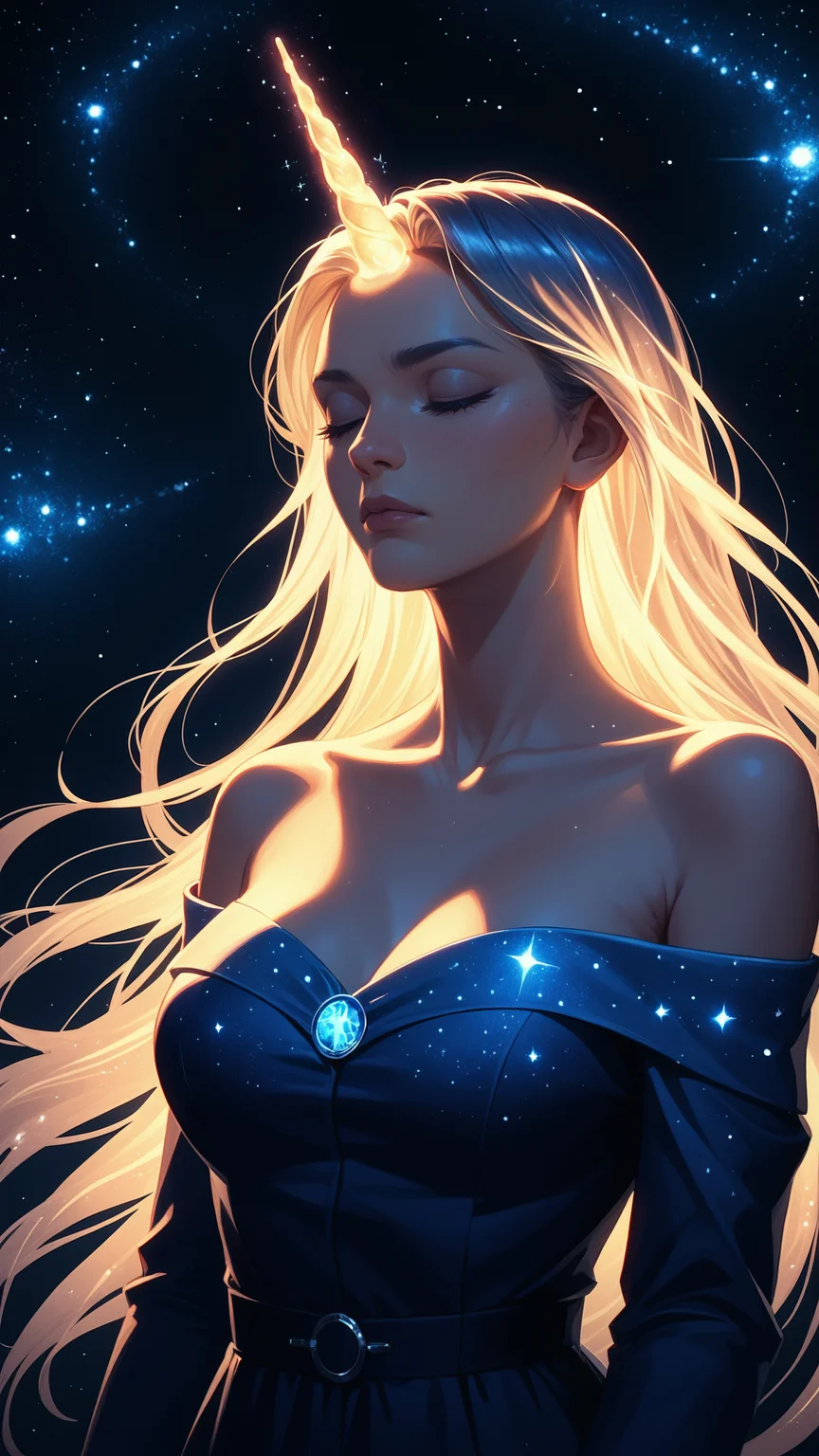 score_9, score_8_up, score_7_up, source_anime, BREAK, a beautiful woman with a horn like a unicorn, glowing horn, glowing frame,backlight colors,silhouette colors,cosmic frame,beautiful woman in a frame,silhouette,backlighting,vibrant,magical night sky,illustration,soft,beautiful,dreamy,realistic,professional,simple,twinkling night sky,extremely detailed,hyper detailed,illustration,toonish,masterpiece,bright colors,high contrast,vivid lighting,dark background,simple background, closed eyes, <lora:PonySpiritAnimals:0.5>, wearing a toga dress, off the shoulder, cosmic, astro