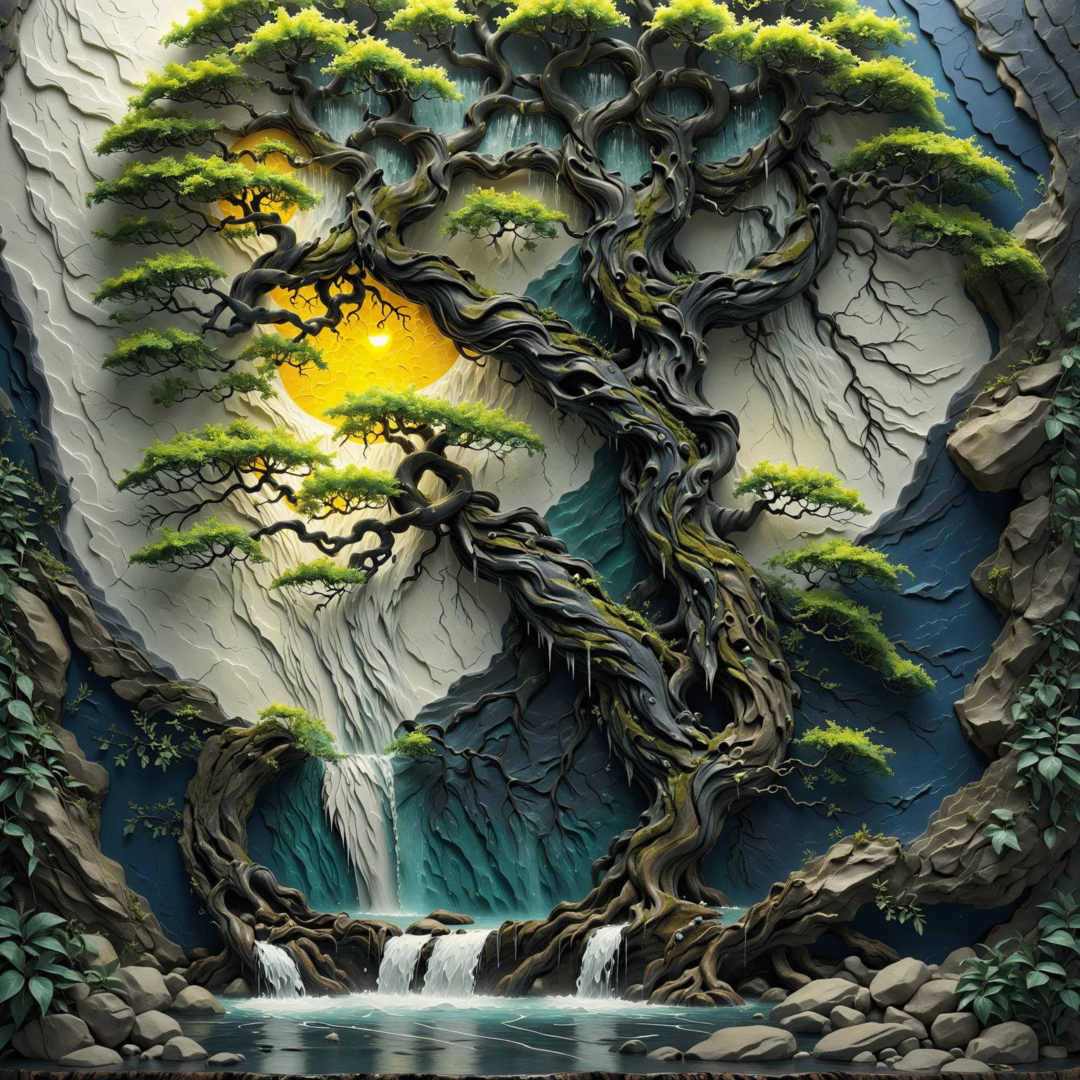 <lora:artfullyTREETTREET_SDXL_V1:1>,arttrttrt, 3d, octane render, masterpiece, intricately detailed, cobalt and navy accents, no humans, incredible waterfall, imaginary landscape, old and ancient tree with landscape and water features, trunk is detailed, trunk is white and black ,and quartz, leaves are chartreus with accents of fuchia, sun is glowing, wildlife appropriate to the area can be seen in various locations, in the style of carved relief, embossing, encaustic, papercraft
