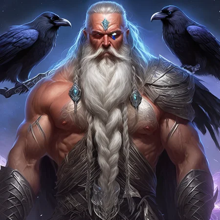 ethereal fantasy concept art of the father of the gods with a pair of ravens wielding a glowing spear wearing a jeweled eyepatch. huge silver braided beard, huge muscles, magnificent, celestial, ethereal, painterly, epic, majestic, magical, fantasy art, cover art, dreamy <lora:Big_Braided_Beards:1>
