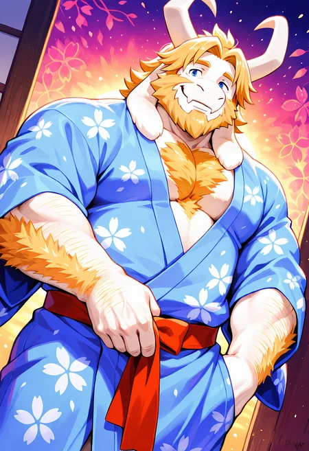 masterpiece, best quality, amazing quality, dutch angle, dynamic angle, abstract background, BREAK
solo, furry male, goat, ut_asgore, horns, white body, blue eyes, blonde hair, beard, muscular male, yukata, japanese clothing, chest hair, smiling, arm hair, BREAK
<lora:cfg_scale_boost:.7> <lora:Asgore_Dreemurr_-_Undertale_-_ILXL:1>