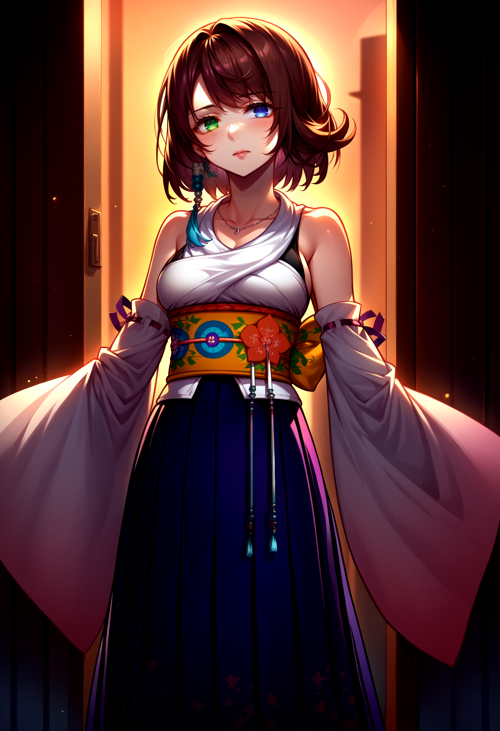 score_9, score_8_up, source_anime, 1girl, <lora:YunaX_XLPD:1>, YunaX, heterochromia, detached sleeves, japanese clothes, sash, obi, hakama skirt, purple hakama, brown hair,