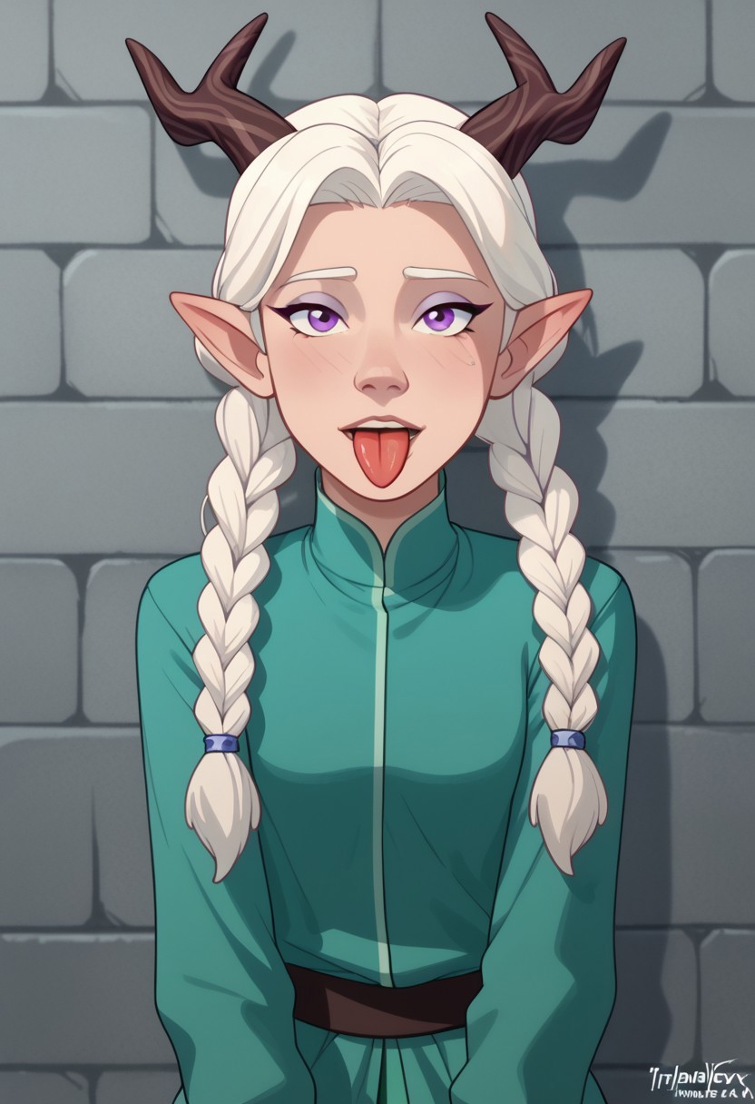 score_9, score_8, score_7, score_6,
triplevexx, solo, Lujanne, Elf, Moonelf, Horns, Long Twin Braids, White Hair, looking at viewer, leaning against marble wall, sticking tongue out, purple eyes,