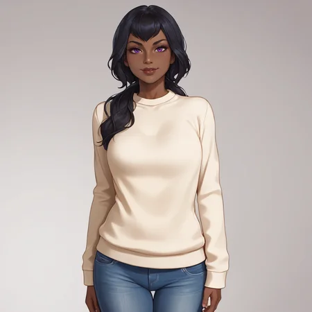 <lora:nilahlol_pony_v1:.8> nilah, 1girl, very dark skin, dark-skinned female, black hair, purple eyes, lips,  cowboy shot, sweater, jeans