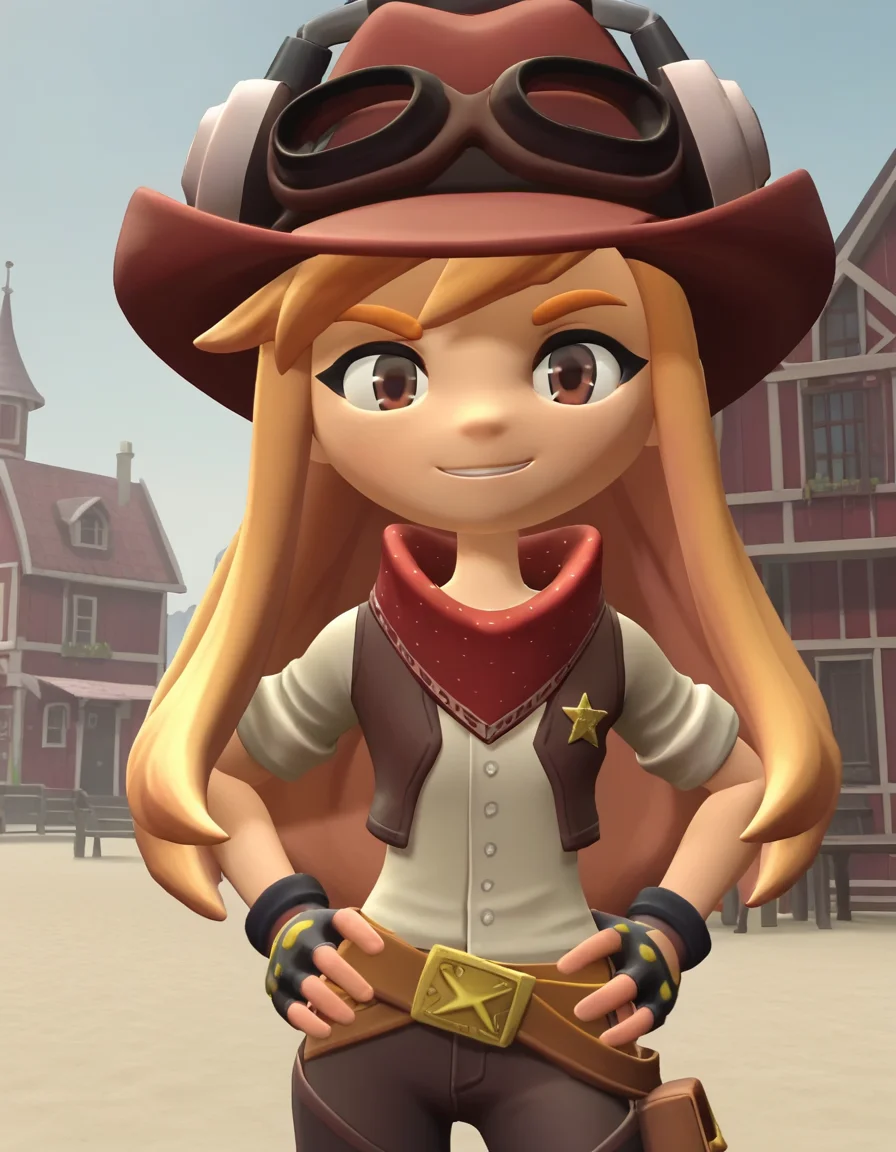 score_9, score_8_up, score_7_up, source_anime,
meggyspletzer, <lora:meggy-spletzer-ponyxl-lora-nochekaiser:1>,
meggy spletzer, long hair, blonde hair, brown eyes, 3d,
gloves, hat, pants, fingerless gloves, eyewear on head, cowboy hat, cowboy western,
outdoors, dessert, hands on hips, smile,
looking at viewer, cowboy shot, dutch angle, solo,