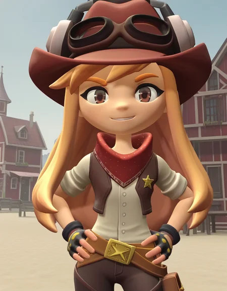 score_9, score_8_up, score_7_up, source_anime,
meggyspletzer, <lora:meggy-spletzer-ponyxl-lora-nochekaiser:1>,
meggy spletzer, long hair, blonde hair, brown eyes, 3d,
gloves, hat, pants, fingerless gloves, eyewear on head, cowboy hat, cowboy western,
outdoors, dessert, hands on hips, smile,
looking at viewer, cowboy shot, dutch angle, solo,