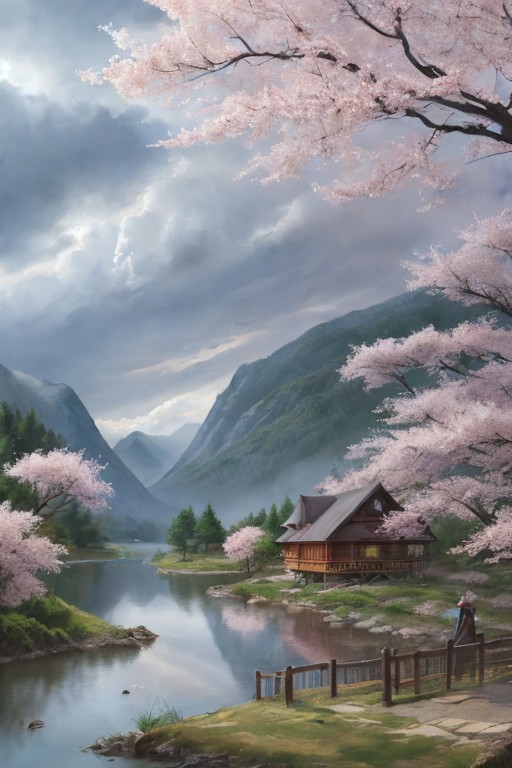 Masterpiece, high-resolution, water color, tall mountains, cherry blossom forest, cabin, dragon, lake, large thunderstorm clouds in the distance