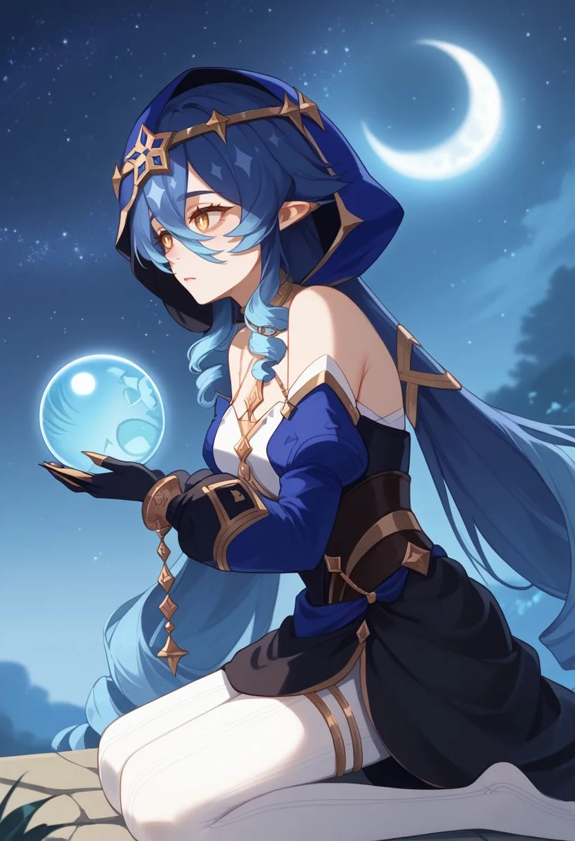 score_9, score_8_up, score_7_up, source_anime, 1girl, layladef, blue hair, yellow eyes, drill hair, hair between eyes, drill sidelocks, twin drills, pointy ears, blue hood, jewelry, neck ring, bare shoulders, detached sleeves, juliet sleeves, puffy long sleeves, claw ring, black gloves, white pantyhose, bags under eyes, thighlet, expressionless, exhausted, wariza, kneeling, looking up, outdoors, starry sky, moon, night, orb, holding orb, from side, close-up, <lora:Layla_v1-000010:1>