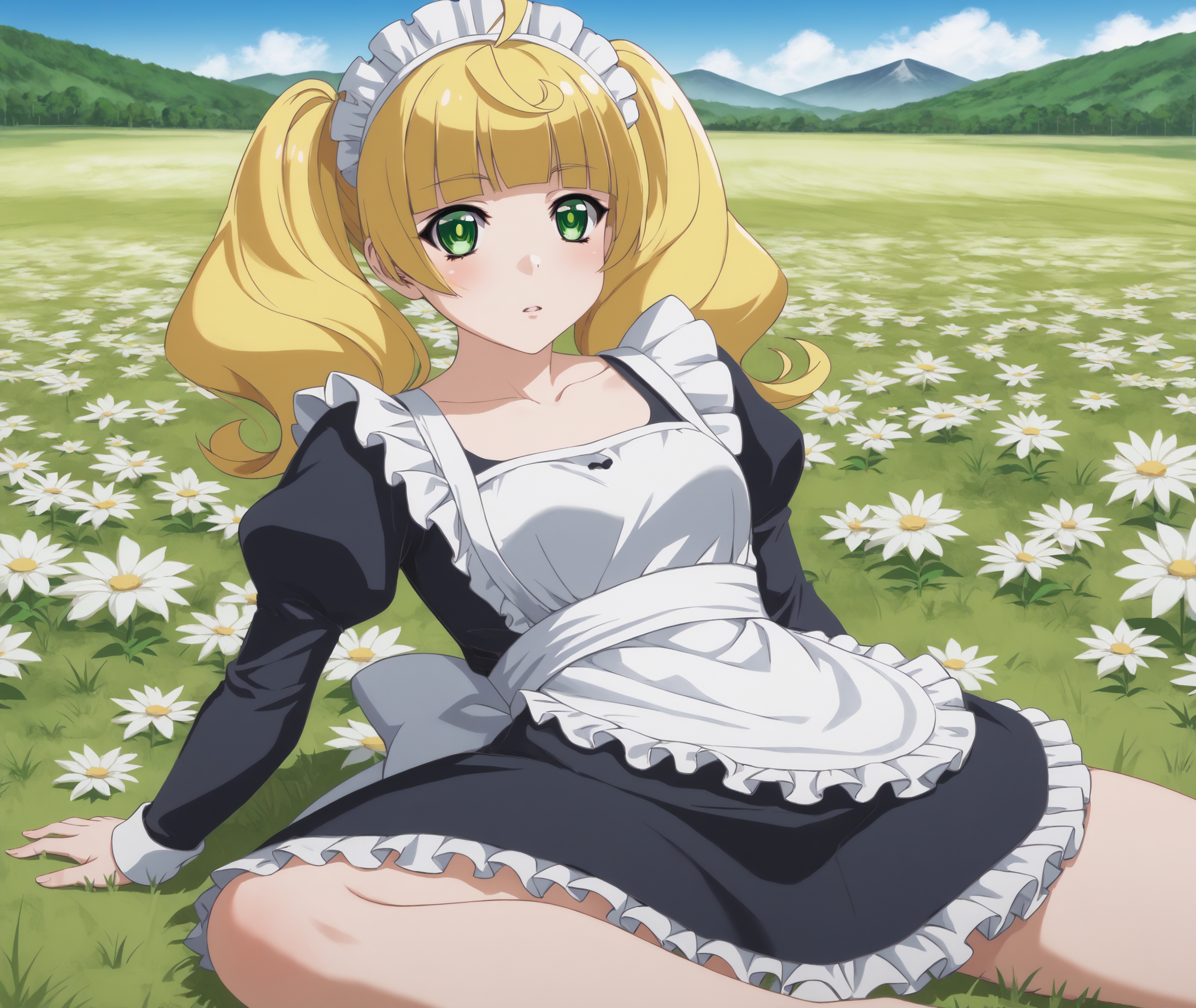 score_9, score_8_up, score_7_up, highres, hi res, best quality, masterpiece, 2d, intricate details, 4k, anime coloring,
1girl, solo, female, solo focus, blonde hair, twintails, green eyes, ahoge, blunt bangs, sidelocks,
breasts, medium breasts, small breasts, maid headdress, maid, maid apron, long sleeves, frilled skirt, frills, frilled dress, frilled sleeves, maid dress, collarbone, 
sitting, on back, cowboy shot, head tilt, looking up, outdoors, on grass, field, flower field, depth of field, mountain, horizon, blue sky, <lora:Yuzu1024_Pony:1>, ren'ai boukun, kichougasaki yuzu,
