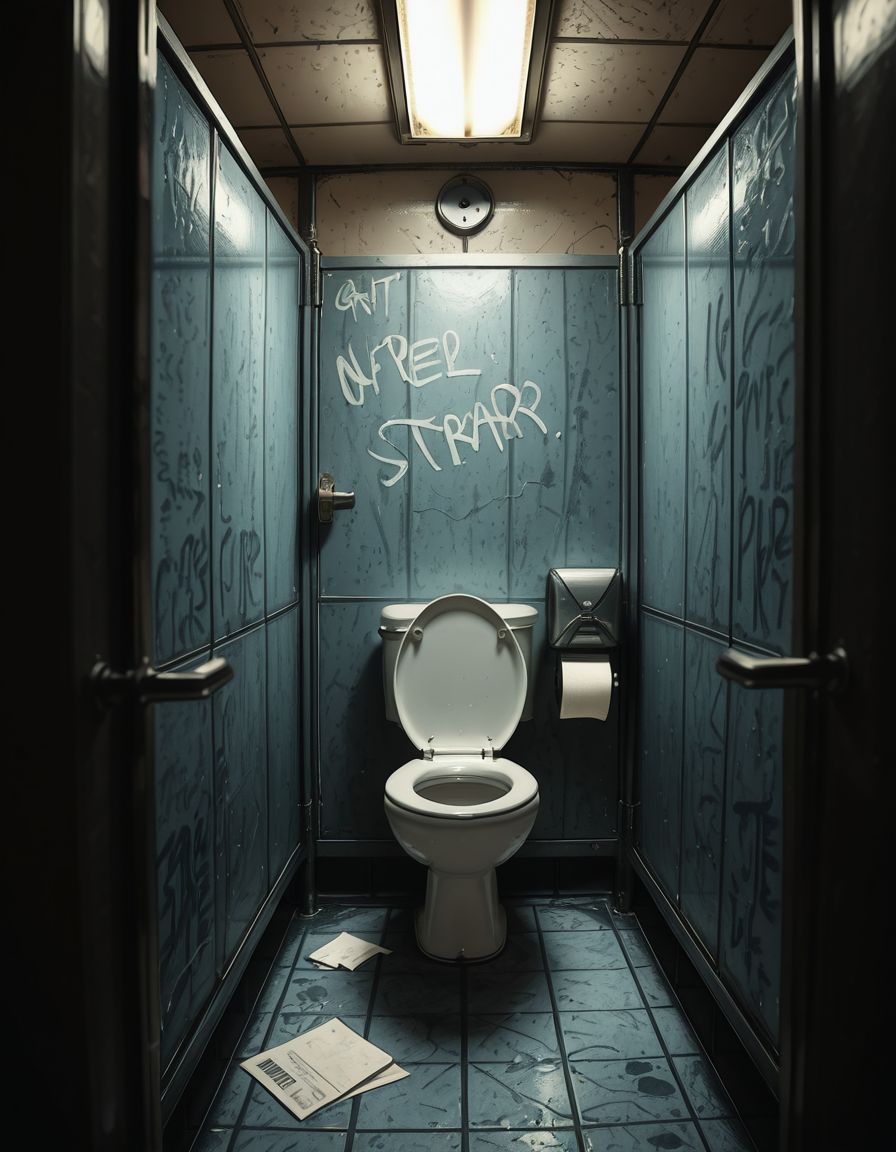 A highly realistic, detailed photograph of a public restroom stall from a human eye-level perspective. The stall is constructed with dull, light gray metal partitions showing subtle scratches and wear from years of use. The door is slightly ajar, with a simple metal latch and a small gap visible at the bottom and top of the door. Inside the stall, there is a standard white ceramic toilet with a chrome flush handle, positioned against a wall of white, slightly aged subway tiles. The floor is covered with small, dark gray hexagonal tiles, with faint reflections from the overhead fluorescent lighting. A single toilet paper dispenser made of stainless steel is mounted to the side wall, partially filled, with a torn sheet hanging loosely. The lighting is cool and sterile, casting soft shadows and emphasizing the slightly utilitarian, worn-out atmosphere of the space. Subtle details like faint graffiti scratched into the partition, a discarded paper towel near the floor, and small water stains near the base of the toilet contribute to the realistic, everyday public restroom feel. The photo is sharp, with a neutral color palette and an urban documentary style.
 <lora:SDXLFaeTastic2400:0.4> <lora:extremely_detailed:0.4> extremely detailed,<lora:public_restroom_st4ll_r2:1>,public restroom st4ll, Masterpiece,best quality,hi res,8k,hi res,8k,award winning,(sharp focus, intricate, highly detailed),