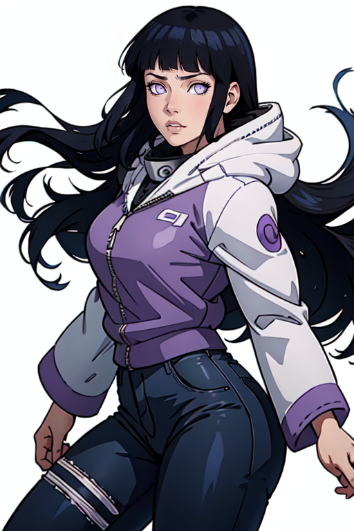 masterpiece,best quality,extreme detail,8k,white background,<lora:hinata:0.7>,hinata2, 1girl, solo, long hair, looking at viewer, bangs, black hair, long sleeves, white background, very long hair, purple eyes, jacket, cowboy shot, parted lips, shiny, pants, hood, blunt bangs, shiny hair, floating hair, black pants, white jacket, hood down, hooded jacket, purple jacket, white eyes, forehead protector, konohagakure symbol