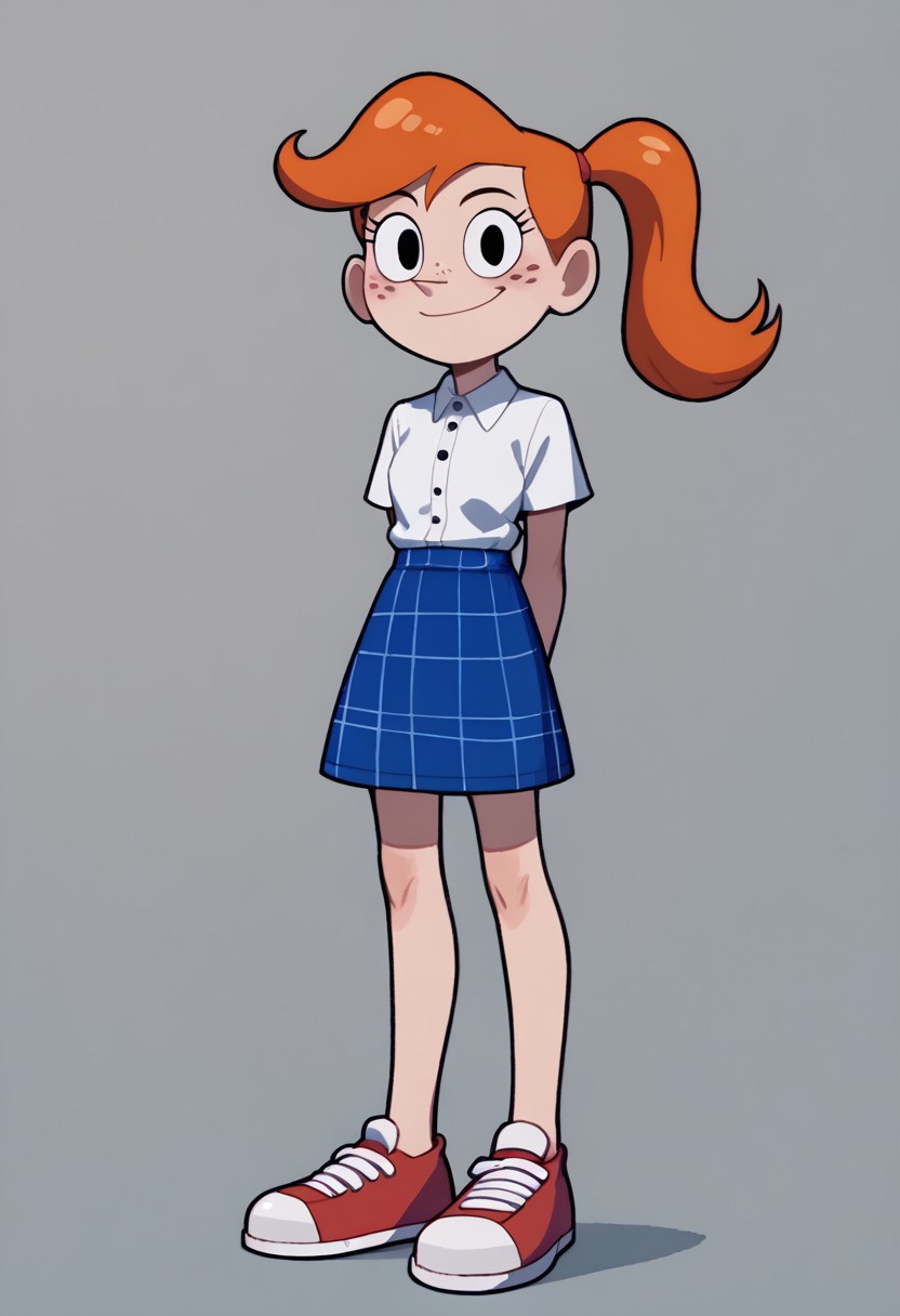score_9, score_8_up, score_7_up BREAK MindyGrim, 1girl, orange hair, ponytail, black eyes, freckles, short-sleeve white polo shirt, blue plaid skirt, pink mary jane shoes, smiling at viewer, arms behind back,
