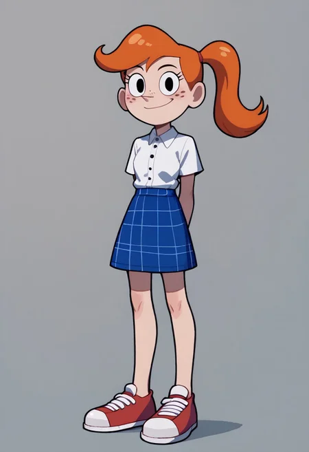 score_9, score_8_up, score_7_up BREAK MindyGrim, 1girl, orange hair, ponytail, black eyes, freckles, short-sleeve white polo shirt, blue plaid skirt, pink mary jane shoes, smiling at viewer, arms behind back,