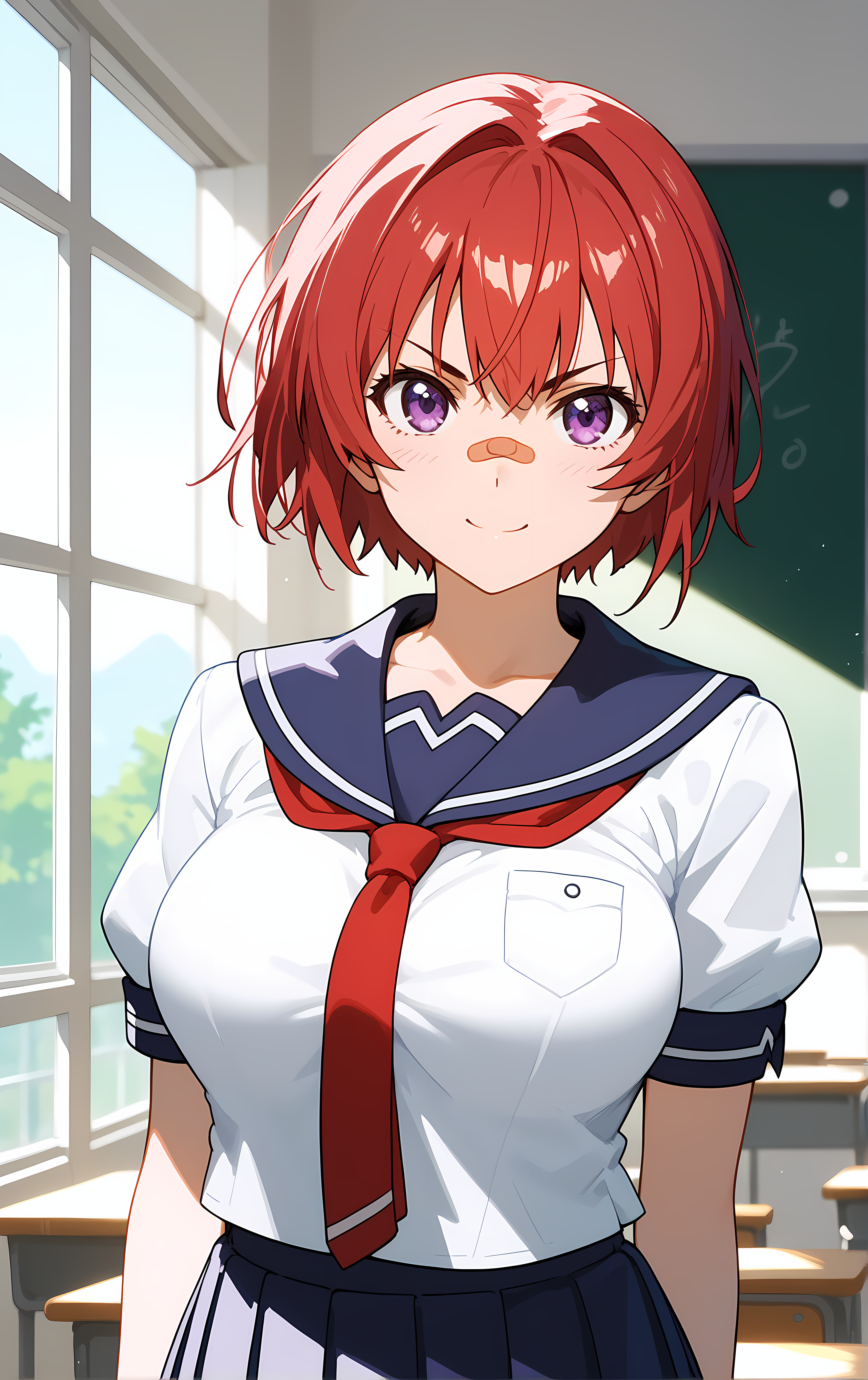 (score_9, score_8_up, score_7_up), standing, looking at viewer, closed mouth, light smile, tight clothes, upper body, close-up,
ohwx, 1girl, solo, short_hair, purple_eyes, red_hair, breasts, bandaid_on_face, bandaid, v-shaped_eyebrows, large_breasts, bandaid_on_nose,
school_uniform, skirt, serafuku, necktie, pleated_skirt,
window, sunlight, classroom,
<lora:azuki_shinatsu_pony_ss:1>