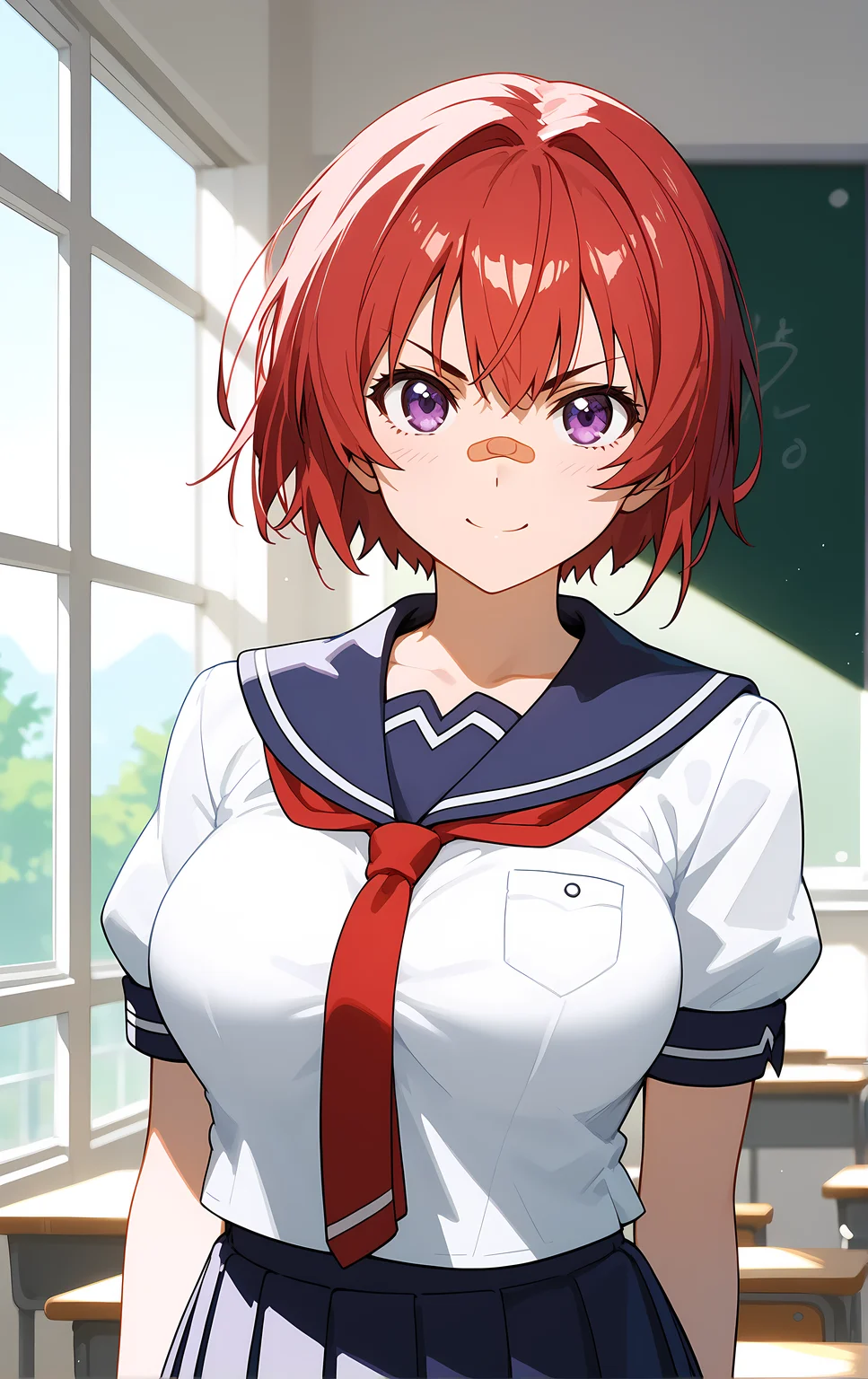 (score_9, score_8_up, score_7_up), standing, looking at viewer, closed mouth, light smile, tight clothes, upper body, close-up,
ohwx, 1girl, solo, short_hair, purple_eyes, red_hair, breasts, bandaid_on_face, bandaid, v-shaped_eyebrows, large_breasts, bandaid_on_nose,
school_uniform, skirt, serafuku, necktie, pleated_skirt,
window, sunlight, classroom,
<lora:azuki_shinatsu_pony_ss:1>