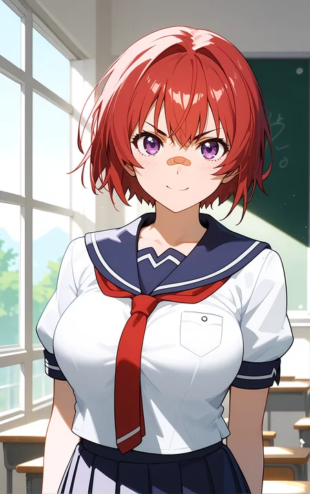 (score_9, score_8_up, score_7_up), standing, looking at viewer, closed mouth, light smile, tight clothes, upper body, close-up,
ohwx, 1girl, solo, short_hair, purple_eyes, red_hair, breasts, bandaid_on_face, bandaid, v-shaped_eyebrows, large_breasts, bandaid_on_nose,
school_uniform, skirt, serafuku, necktie, pleated_skirt,
window, sunlight, classroom,
<lora:azuki_shinatsu_pony_ss:1>