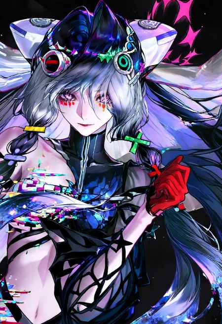 masterpiece, best quality, very aesthetic, dynamic angle, abstract, 1girl, solo,dark background, looking at viewer, sparkles, glitches, upper body focus, waist up,000_\(path to nowhere\), 000-def, very long hair, twintails, black hair, grey hair, multicolored hair, gradient hair, hair ornament, hair_clips, halo, pink eyes, +_+, star_eyes, glitch,veil, single bare shoulder, single detached sleeve, webbed_sleeve, single glove, midriff, navel,
