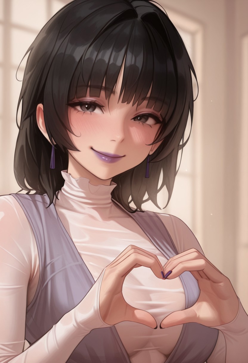 1girl, solo, medium build, medium hair, sfw, safe for work, covered skin, flowy dress,  black eyes, purple lipgloss, smiling, portrait, upper body, heart hands, foreshortening, detailed, newest, hyuk