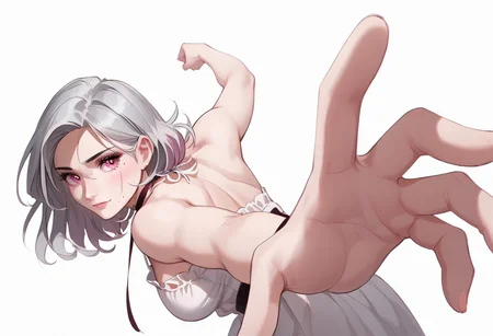abbystea style, (score_9, score_8_up, score_7_up, highest score, best quality:1.2), zPDXL3, good_hands, hi-res. 8k, 1girl, silver hair, medium hair, large breasts, pink eyes, mole under mouth, BREAK cute white dress, clothing cutout, halterneck dress, BREAK IncrsPunchMeme, incoming punch BREAK dramatic lighting, perfect hands, perfect eyes (detailed realistic background:1.3), (high quality:1.1), (ultra detailed:1.1)