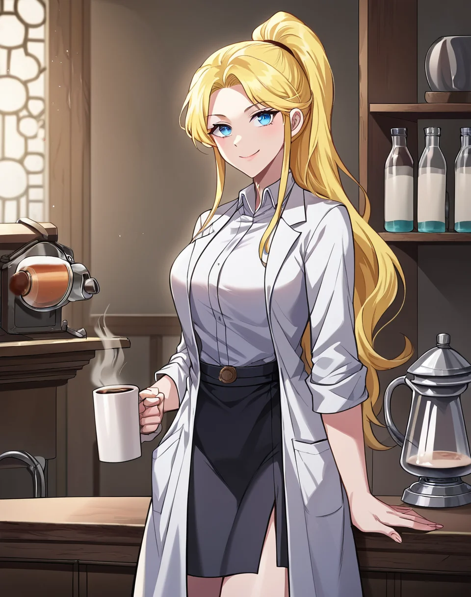 arua_stgb, blonde hair, long hair, blue eyes, ponytail,white shirt, collared shirt, manhwa, lab coat, open coat, black skirt, BREAK indoors, lab, laboratory, medieval BREAK looking at viewer, sexy face, sexy smile, mug, coffee, cowboy shot BREAK score_9, score_8_up, score_7_up, source_anime ,zPDXL, perfect hand, <lora:Arua_STGB-000021:0.8>,