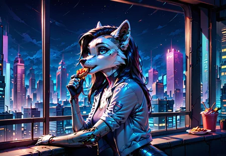 score_9, score_8_up, score_7_up, score_6_up, photorealistic, epiCPhotoGasm-colorfulPhoto, Realistic, highres, super high resolution, 8k, photo, furry, Furry, anthro, fur, wolf, female, long black hair, implants, implant eye, robot, furry, eating, food, close-up, window, cyberpunk, night, cyber city, cyberpunk city, metallic eye, metallic arm, metallic fur, robot, jacket, silver jacket, thin body, T-shirt, night, roof, roofs, implanted hand, roof, city, cyberpunk city, cyberpunk, realistic, detailed, detailed fur