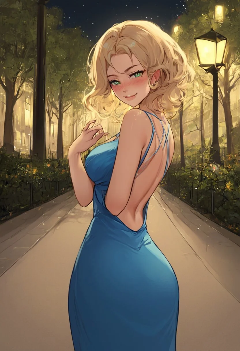masterpiece,best quality, highly detailed, score_9, score_8_up, score_7_up, score_6_up,source_anime, 
BREAK. 
Girl:  1girl, smiling, blonde hair, blue dress, green eyes, looking at viewer, blush,  sexy, dim, sexy pose, hot, girl focus,  smirk, ,back Pov, looking back, looking at viewer, walking in a park, at night, park lights