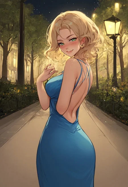 masterpiece,best quality, highly detailed, score_9, score_8_up, score_7_up, score_6_up,source_anime,
BREAK.
Girl: 1girl, smiling, blonde hair, blue dress, green eyes, looking at viewer, blush, sexy, dim, sexy pose, hot, girl focus, smirk, ,back Pov, looking back, looking at viewer, walking in a park, at night, park lights