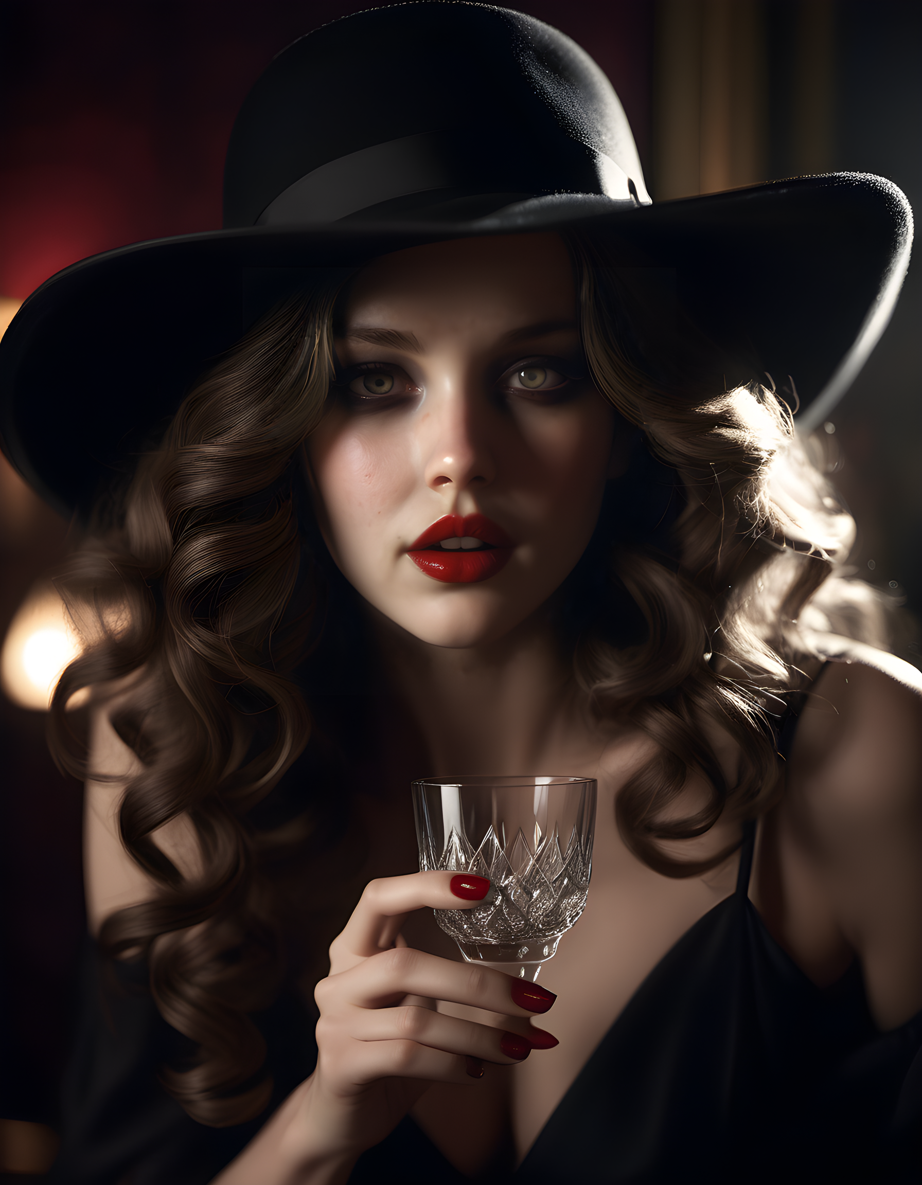 In a dimly lit, vintage noir-style speakeasy, the enigmatic H4Z3L6 is captured in a dramatic close-up. Her striking grey eyes, half-hidden behind the brim of a wide-brimmed hat, gaze intently at the camera with parted lips revealing perfectly white teeth. Her long, wavy brown hair cascades down her back in loose curls, creating a stark contrast against the monochrome background of the room. The soft focus and dramatic lighting highlight her lush red lips as she slowly sips from a crystal glass, exuding an air of mystery and allure that seems to captivate the viewer entirely.