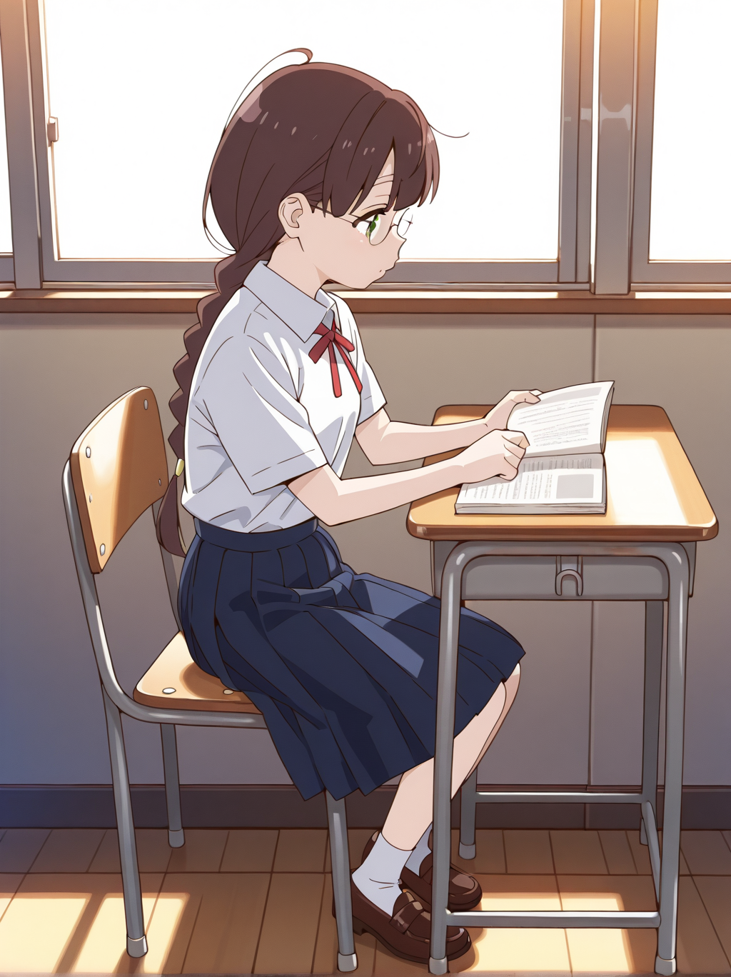 (masterpiece:1.4), (best quality:1.4),  very aesthetic, newest,best quality, amazing quality, very aesthetic, absurdres,
shirt,  blue skirt, pleated skirt, brown footwear, loafers, half sleeves,  white shirt, neck ribbon, red ribbon, collared shirt, white socks
sitting chair,desk,reading, from side
hikage_takumi, 1girl, , solo, green eyes, glasses,  brown hair, , braid,  long hair,ponytail,single braid, black hair,bangs, ahoge, 
<lora:hikage_takumi:1>
full body
classroom,window