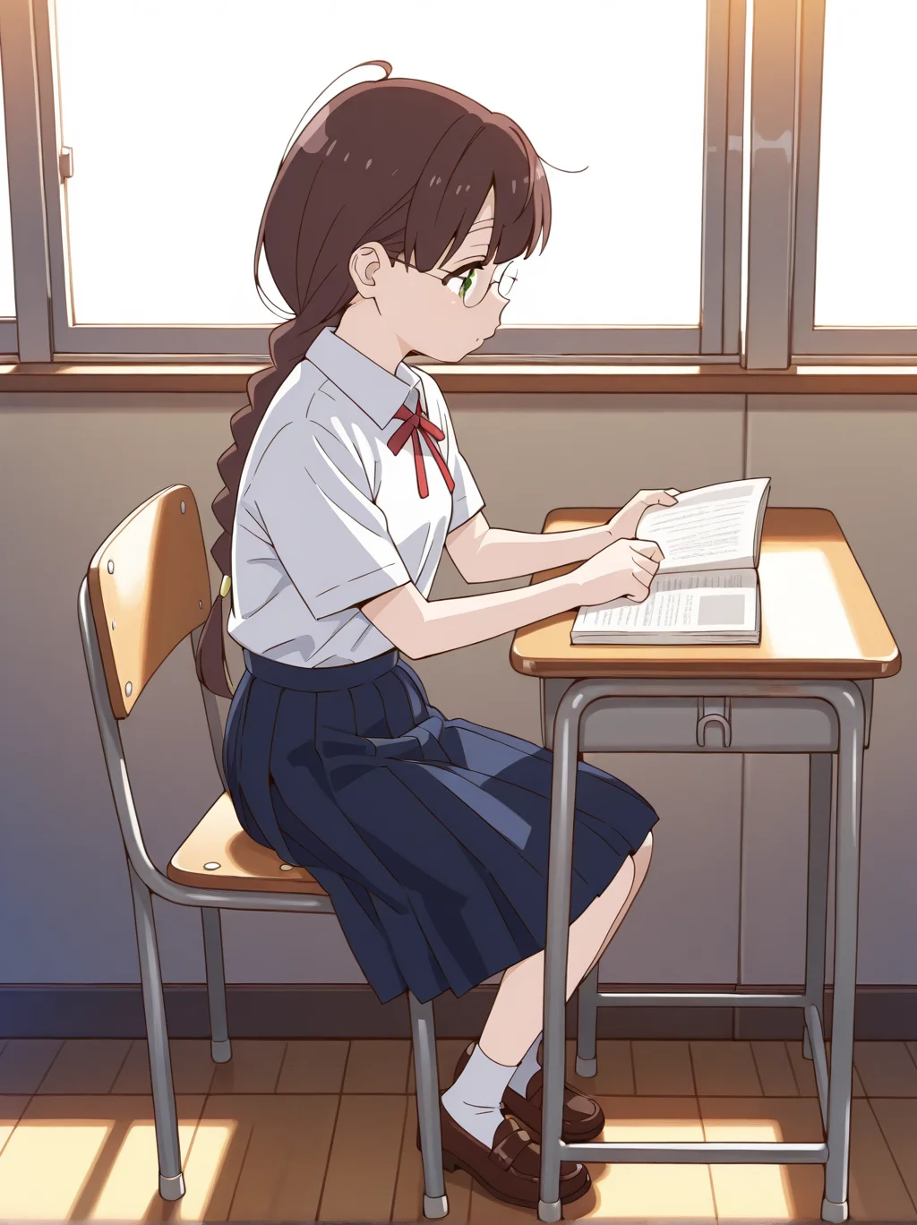 (masterpiece:1.4), (best quality:1.4), very aesthetic, newest,best quality, amazing quality, very aesthetic, absurdres,
shirt, blue skirt, pleated skirt, brown footwear, loafers, half sleeves, white shirt, neck ribbon, red ribbon, collared shirt, white socks
sitting chair,desk,reading, from side
hikage_takumi, 1girl, , solo, green eyes, glasses, brown hair, , braid, long hair,ponytail,single braid, black hair,bangs, ahoge,
<lora:hikage_takumi:1>
full body
classroom,window