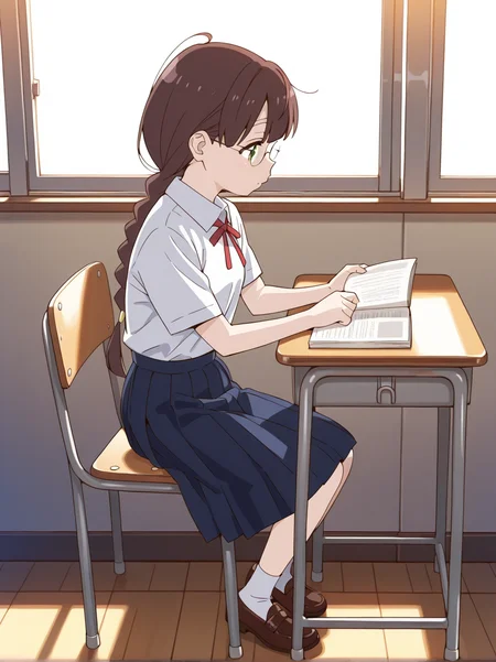 (masterpiece:1.4), (best quality:1.4),  very aesthetic, newest,best quality, amazing quality, very aesthetic, absurdres,
shirt,  blue skirt, pleated skirt, brown footwear, loafers, half sleeves,  white shirt, neck ribbon, red ribbon, collared shirt, white socks
sitting chair,desk,reading, from side
hikage_takumi, 1girl, , solo, green eyes, glasses,  brown hair, , braid,  long hair,ponytail,single braid, black hair,bangs, ahoge, 
<lora:hikage_takumi:1>
full body
classroom,window