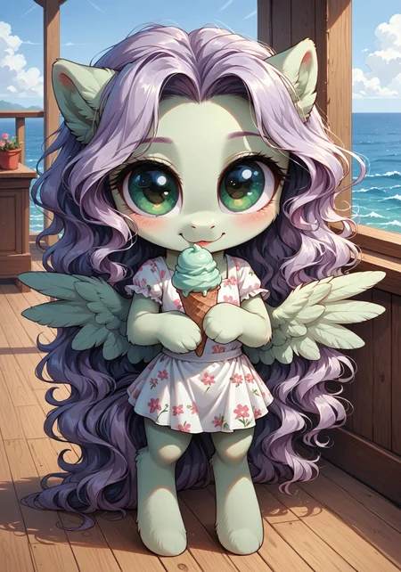 masterpiece, score_9_up, score_8_up, score_7_up, score_6_up, source_pony, (best quality:1.1), ultra-detailed, high resolution, solo, highly detailed macro illustration, hands BREAK 1girl, anthro pony, female, (Pegasus wings:1.3), (beautiful green eyes:1.4), (big eyes), long eyelashes, (light purple wavy hair:1.4), (green fur:1.4), fluffy ears, (cute expression, cute face:1.4), narrow waist, slim, hooves, (holding ice cream:1.3) BREAK (summer floral dress:1.4) BREAK hud_sh1p_dck, ship deck, boat, ocean BREAK mikus-concept, full body, big eyes, chibi, (close-up:1.3) BREAK Highly Visible, sharp focus, perfect lighting, anatomically correct, extremely detailed, high detail, Expressiveh, OverallDetail, zPDXL3