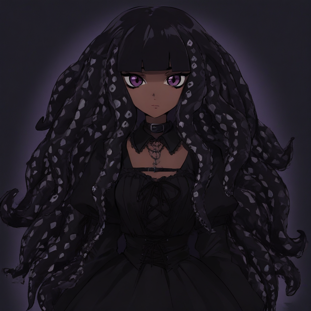 masterpiece, best quality, newest, absurdres, highres, anime, anime style, 1girl, dark skin, dark-skinned female, goth, goth girl, THV-1.0, Tentacle hair,