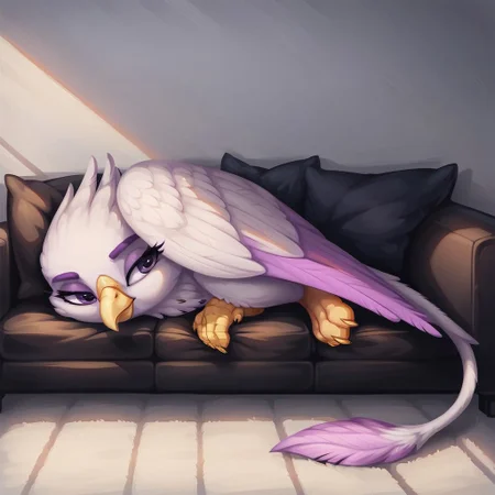 masterpiece, score_9, score_8_up, score_7_up, source_furry, (best quality:1.1), ultra-detailed, high resolution, solo, Taillow Sumpfkiel, countess, griffon, avian, feral, female, ((beautiful detailed purple eyes)), long eyelashes, purple eyebrows, yelow beak, wings, tail, white feathers, feathery ears, (pink hair), yellow claws, full body, inside, cozy living room, Sleeping, lying on side, pillows, highly visible, sharp focus, perfect lighting, shiny, anatomically correct, extremely detailed, shine on body, high detail, sensual, Expressiveh, detailed background, zPDXL3