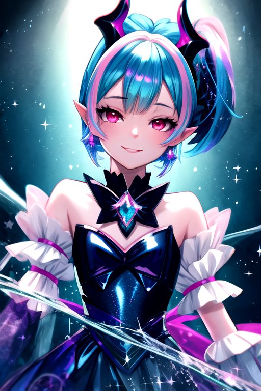 DarkPrecure, Bad_End_Precure, Corrupt_Girl, professional image of a cute young woman, (frilly elegant glossy dark holographic dress, crescent brooch, crescent earrings, crescent accessories:1.2),
(blue water dragon horns, blue water dragon tail:1.3), (short hair, side ponytail, hair above cheeks, light blue hair with light pink hairtips, gradient hair, multicolored hair:1.4), red eyes, (small breasts, cute face, pointy ears, evil laugh, evil eyes, corrupted:1.1), (sparkles, sparkling clothes, sparkles near eyes:1.2),
(intricate aquatic background, underwater, sparkling water, ocean floor, corral reef, bubbles:1.2), 
(ultra wide angle shot, cinematic style, absurdres, incredibly absurdres, huge filesize, extremely detailed, High quality texture, physically-based rendering, Ray tracing, octane render, sharp focus, (8k), (4k), (Masterpiece), (Best Quality), extremely detailed, intricate, hyper detailed, illustration, soft lighting, high resolution, sharp detail)